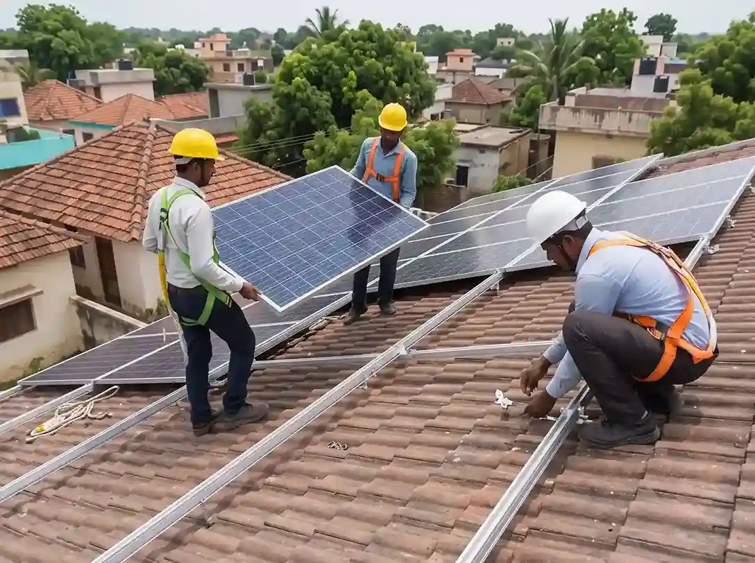 Solar technician mounting photovoltaic panels onto an elevated aluminum roof structure
